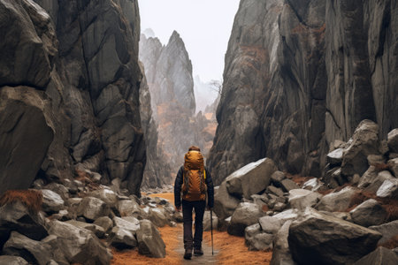 Journey Through Landscapes: Adventurous Photo Man Explores Majestic National Park with Trekking Poleの素材