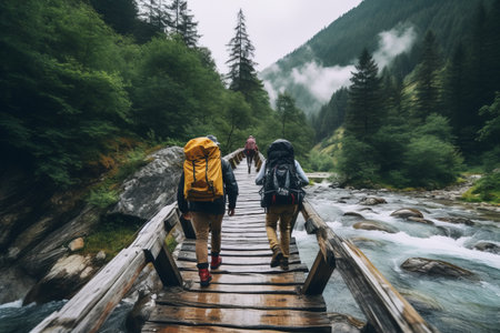 Picture-Perfect Moment: Adventurous Hiking Friends Conquer Mountain River on Wooden Bridge in Sereneの素材