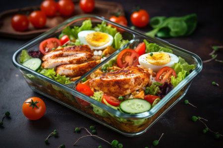 Wholesome Meal Prep: Captivating Chicken and Salad Lunch Boxes in Stunning 3:2 Photosの素材