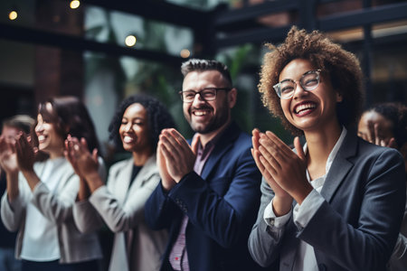 A Warm Welcome: Multicultural Business Group Exuberantly Greets with Clapping and Smilesの素材