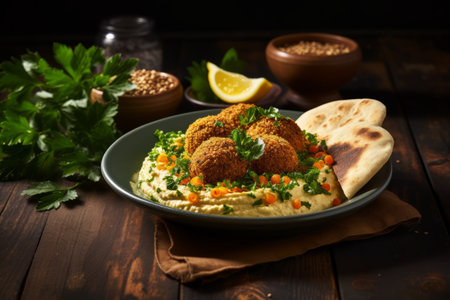 Captivating Middle Eastern Arab Meal: A Scrumptious Delight of Fried Falafel and Hummus (AR 3:2)の素材