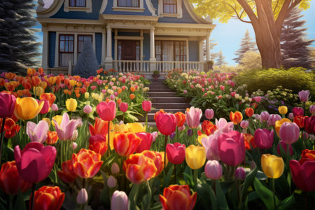 Splendid Display: Vibrant Tulips Surrounding a Charming Residenceの素材