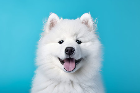 Adorable Samoyed Puppy: A Picture-Perfect Blue Tur Background!の素材