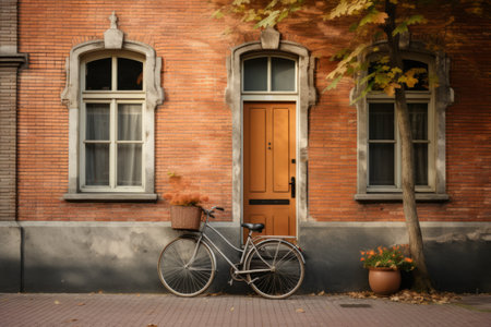 Capturing the Charm: Bike poised in front of the Old Dutch H 00572 03 Brick Facadeの素材
