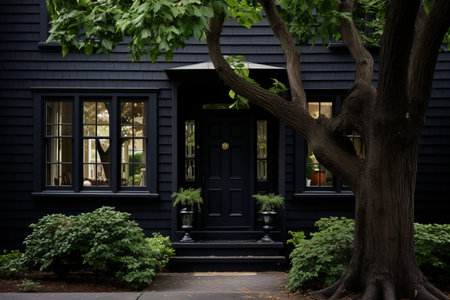 Mysterious Elegance: The Enigmatic Black Front Door of a Majestic House Surrounded by Towering Treesの素材