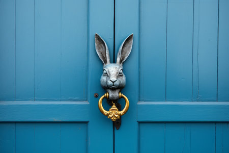 The Enchanting Entrance: A Blue Wooden Front Door adorned with a Bronze Rabbit Head - DOO 00739 01の素材