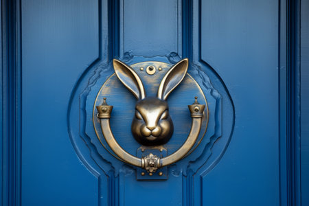 The Enchanting Entrance: A Blue Wooden Front Door with a Bronze Rabbit Head Doo 00739 00の素材