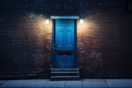 Enchanting Blue: Nighttime Beauty of a Brick Building's Front Doorの素材