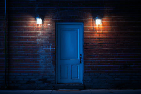 Mysterious Charm: The Enigmatic Blue Front Door Illuminating a Brick Building at Night (32 00726 02)の素材