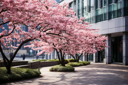 Spectacular Sight: Office Building 00707 02 Embraced by Blooming Cherry Treesの素材