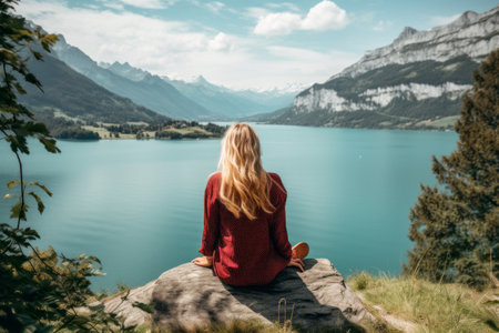 The Enchanting Blonde: A Serene Encounter with Lake Swisslandの素材