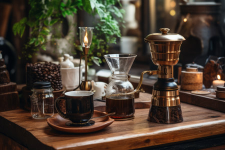 Java Essentials: A Stylish Coffee Shop Interior with Coffee Making Tools and Utensils on a Rustic Woの素材
