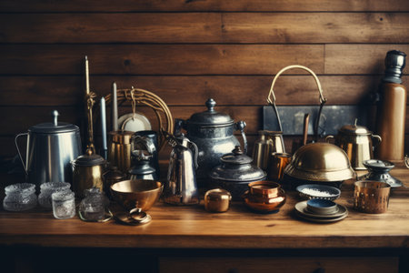 Vintage Treasures: Timeless Kitchenware on a Rustic Wooden Tableの素材