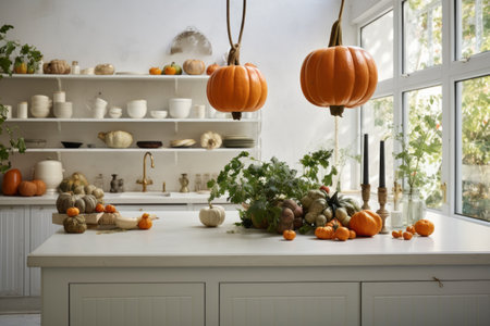 Captivating Autumn Ambiance: A White Kitchen Adorned with a Beautiful Big Orange Pumpkinの素材