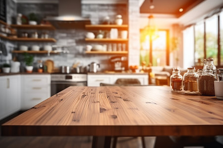Captivating Sight: A Blurred Glimpse of a Kitchen's Interior and a Rustic Wooden Tableの素材
