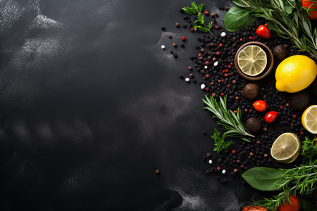 Deliciously Tempting: A Stunning View of Black Stone Food Background with Cooking Ingredients and Amの素材