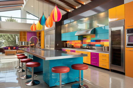 Vibrant & Stylish: Unveiling the Colorful Modern Kitchen Interior --ar 3:2の素材