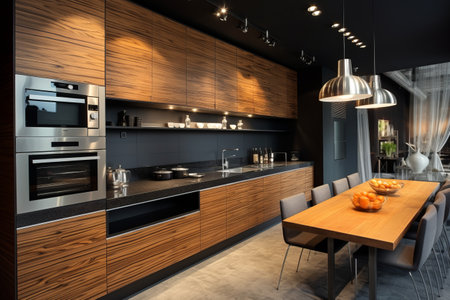 Sleek and Stylish: A Modern Kitchen with Built-In Appliances, Embracing the Fusion of Black and Woodの素材