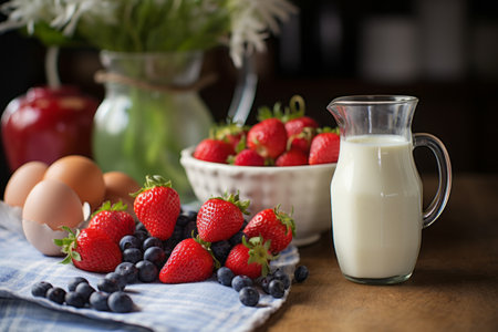 The Irresistible Mix: A Close-Up of Nourishing Milk, Eggs, and Berries in Your Kitchenの素材