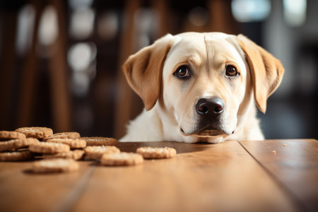 Adorable Labrador Pup with Scrumptious Cookies on Rustic Wooden Table - Captivating 3:2 Compositionの素材