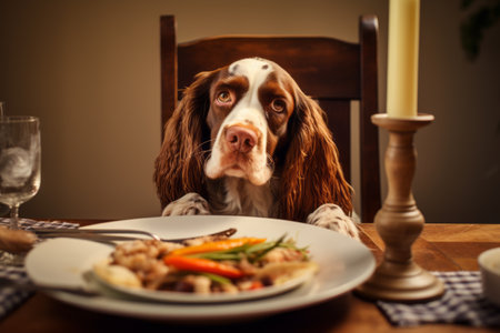A Famished Pup Tempted by its Owner's Food in a Charming Kitchen Sceneの素材
