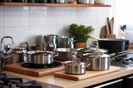 Contemporary Culinary Setup: Cookware Adorns the Modern Kitchen Table (3:2 Aspect Ratio)の素材