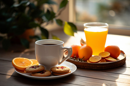 A Delicious Start: Morning Coffee, Cookies, and Fresh Fruit on the Kitchen Tableの素材