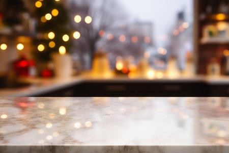 Aesthetic Harmony: Captivating Kitchen Bokeh Surrounds a Serene Empty Marble Tabletopの素材