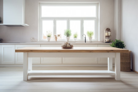 A Minimalist Touch: Capturing the Empty White Wooden Table in the Modern Kitchen Interiorの素材