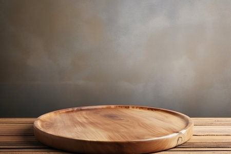 Aesthetic Food Display: Captivating Empty Round Wooden Plate Complemented by Wood Table and Cement Wの素材