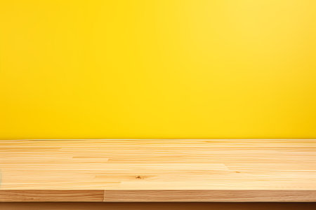 The Minimalistic Charm: A Wood Table Top amidst a Yellow Pastel Background for Striking Product Dispの素材