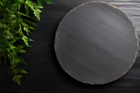 Rustic Elegance: Captivating Empty Slate Stone Plate on Dark Backgroundの素材