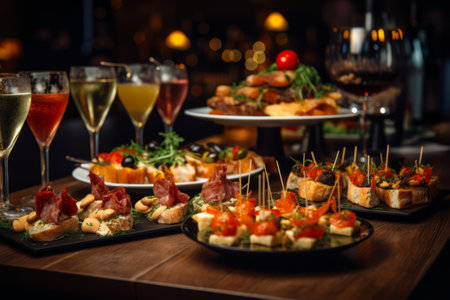 Elegant Delights: Savoring Exquisite Tapas and Appetizers in a Softly Lit, Romantic Settingの素材
