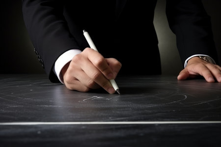 The Creative Digits: A Businessman Captured While Scribbling '01267 03' with White Chalkの素材