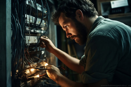 Powering Up: Capturing a Male Electrician at Work in a Switchboard - Image 01284 02の素材
