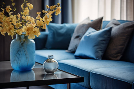 Capturing the Serene Elegance: A Blue Sofa and a Vase of 01282 03 Transform this Living Roomの素材