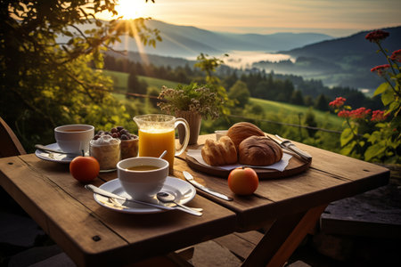Capturing the Perfect Morning: A Scrumptious Breakfast on a Rustic Wooden Table - Visualizing the Naの素材