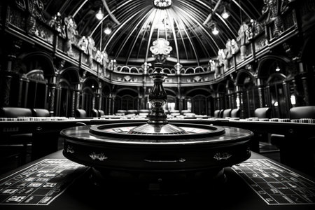 Capturing the Glamour: Black and White Photo of a High-Stakes Roulette Table in a Luxurious Casino Sの素材