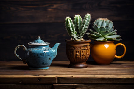 Culinary Aesthetics: A Captivating Composition of a Tea Cup, Cactus Pot, and Vintage Tea Pot on a Ruの素材
