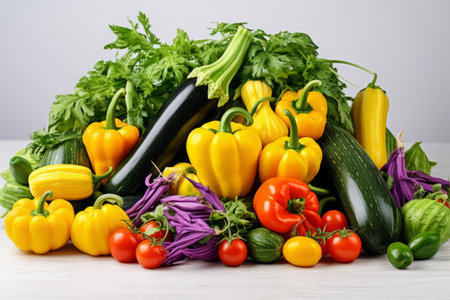Capturing the Essence of Summer: Vibrant Vegetables on a White Table, Bell Peppers, Zucchini Flowersの素材