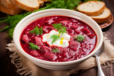 The Vibrant Ukrainian Borscht: A Captivating Blend of Red Beetroot, Meat, and Tradition!の素材