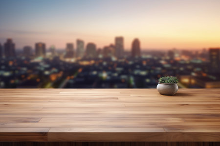 Artificially Generated Product Showcase: Blurred Kitchen Countertop with Photo Wood Tabletop [3:2 Asの素材