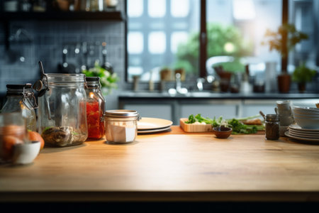 Captivating Generative AI Illustration: Enchanting Photo Tabletop With Blurred Kitchen Background (Aの素材