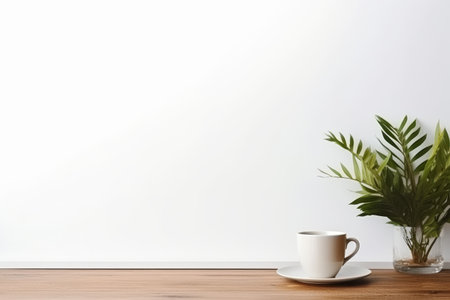 Creative Oasis: Captivating Photo Workspace Highlighting White Wood Table with Lush Plant, Coffee Cuの素材