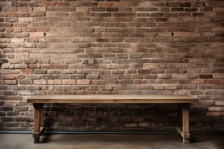 Captivating Contrast: A Striking 3:2 Photo of a Wood Table Against a Brick Wallの素材