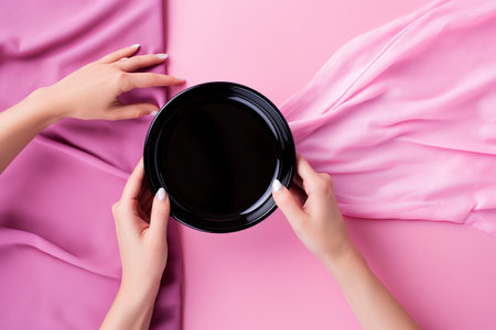 Daring Hair Transformations: Mesmerizing Woman Expertly Preparing Hair Dye on Vibrant Pink Backgrounの素材