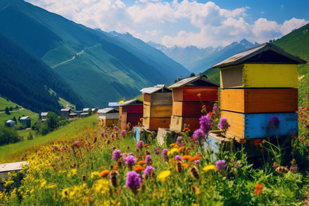 Beekeeping Bliss: Wooden Beehives Thrive Amidst Majestic Mountain Landscapes in Georgiaの素材