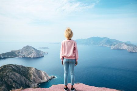 Pink-Haired Woman Conquering Majestic Mountain Peaks: A Breathtaking View of the Azure Seascape (Phoの素材