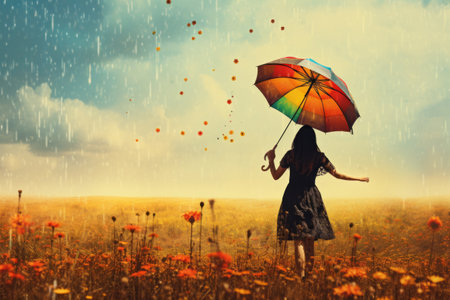 Rainbow Serenade: A Woman Dancing with Joy under a Colorful Umbrella in the Meadowの素材