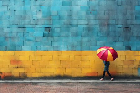 A Vivid Stroll: A Woman with a Colorful Umbrella on a Scenic Footpath beside a Wallの素材